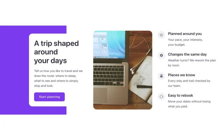 Preview of the photo and icons template: a text and media section for Bricks Builder in three columns: a text panel over a color block, a photo, and four points with icons