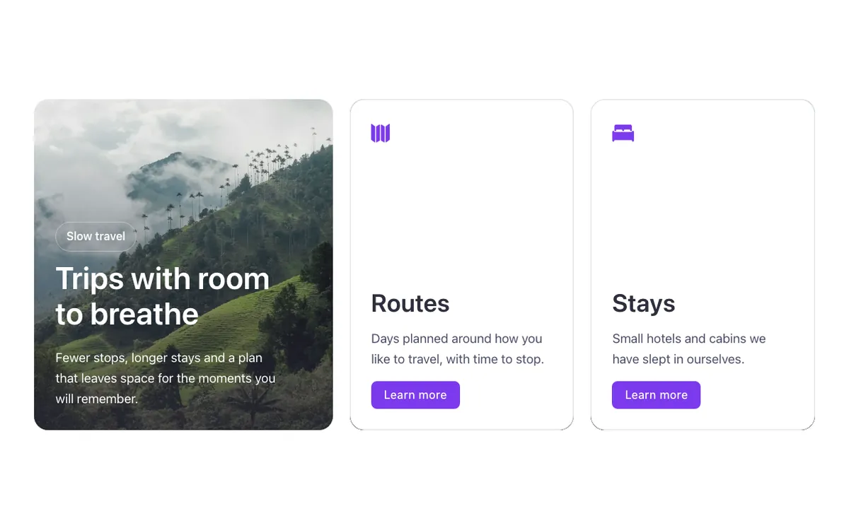 Preview of the photo cards template: a text and media section for Bricks Builder with a photo panel and section intro beside two tall cards