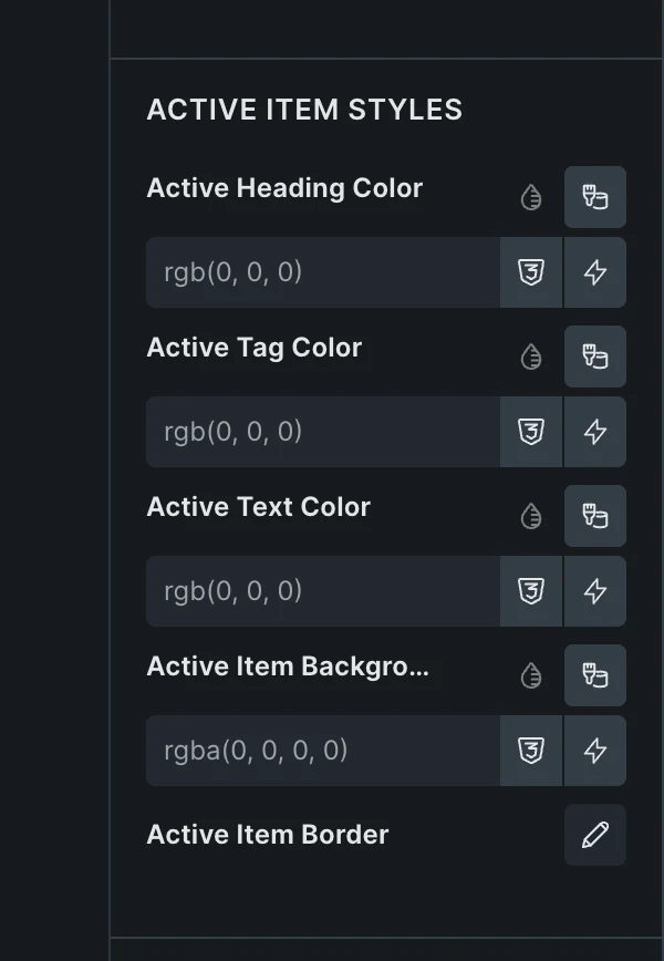 Fancy Timeline in the Bricks panel, Active Item Styles: active heading, tag and text colors, active item background and border.