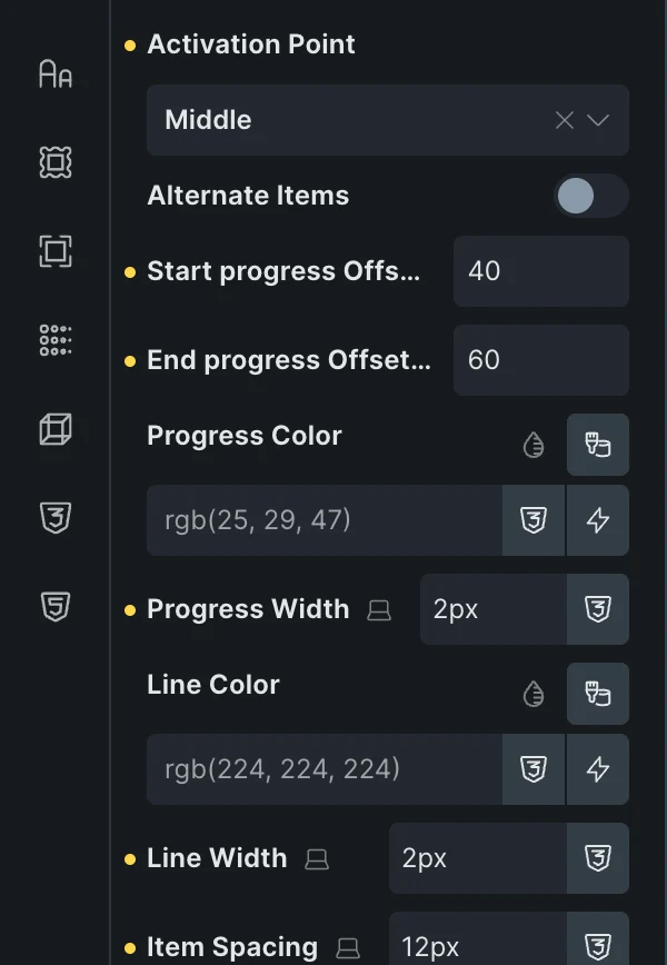 Fancy Timeline in the Bricks panel: Activation Point Middle, Alternate Items off, Start progress Offset 40 and End progress Offset 60, then the progress and line colors and widths.