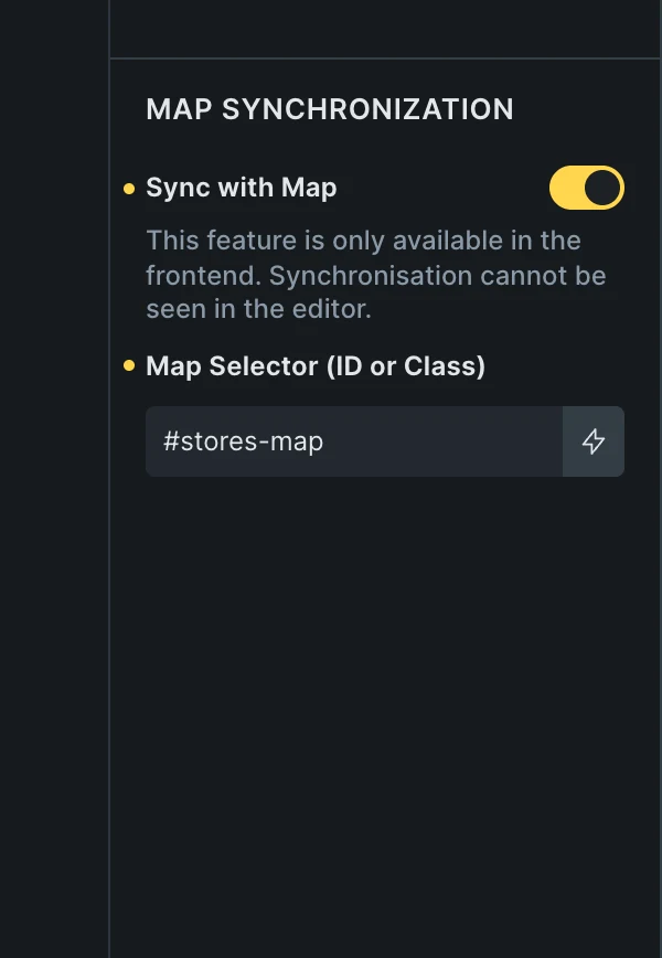 Fancy Timeline in the Bricks panel, Map Synchronization: Sync with Map on and Map Selector «#stores-map».
