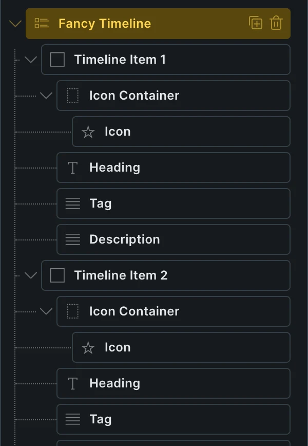 The Bricks structure panel with Fancy Timeline and its nested items, each one an icon container, a tag, a heading and a description.