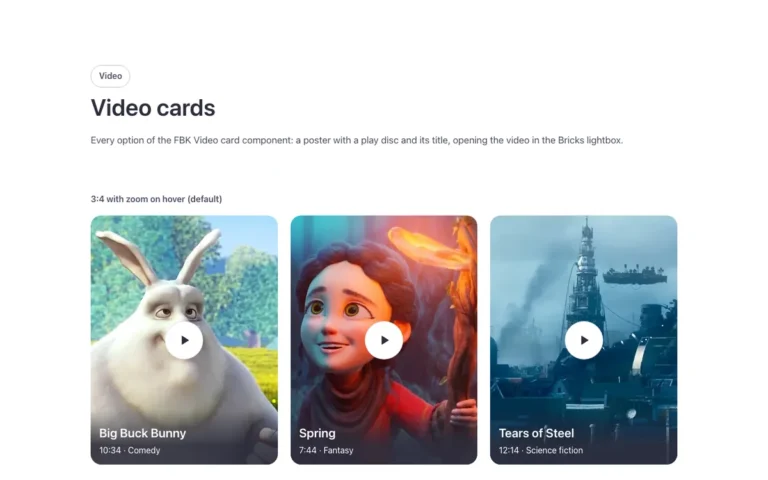 Preview of the video card showcase template: a showcase of the FBK Video card for Bricks Builder