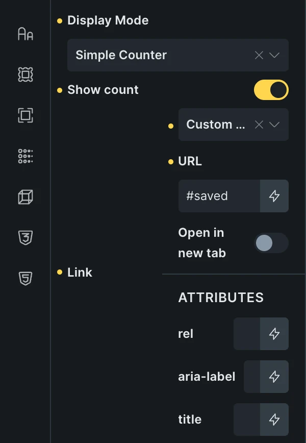 Fancy Wishlist in the Bricks panel: Display Mode Simple Counter, Show count on, and its Link, a custom URL #saved, with Open in new tab and the rel, aria-label and title attributes.