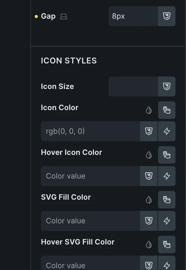 Fancy Wishlist in the Bricks panel, its Styles group: Gap 8px, then Icon Styles: Icon Size, Icon Color, Hover Icon Color, SVG Fill Color and Hover SVG Fill Color.